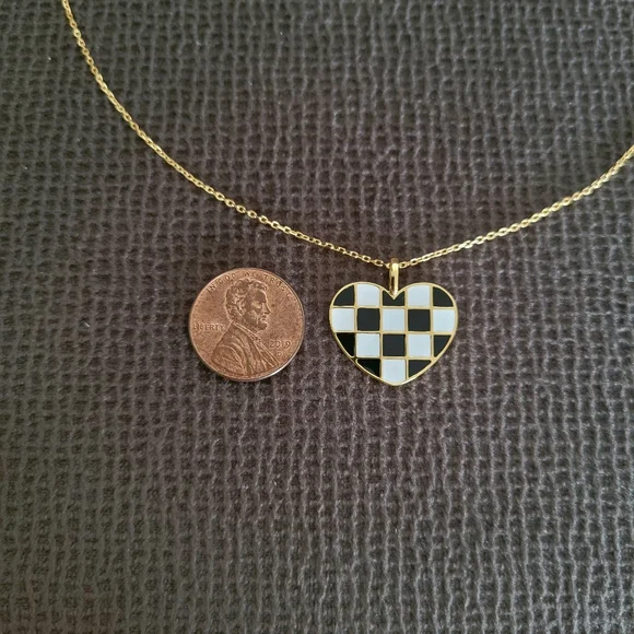 Rachel Zoe Black🖤 and White Checkered Enamel Heart♥️ Pendant Necklace - NWT - Picture 6 of 16
